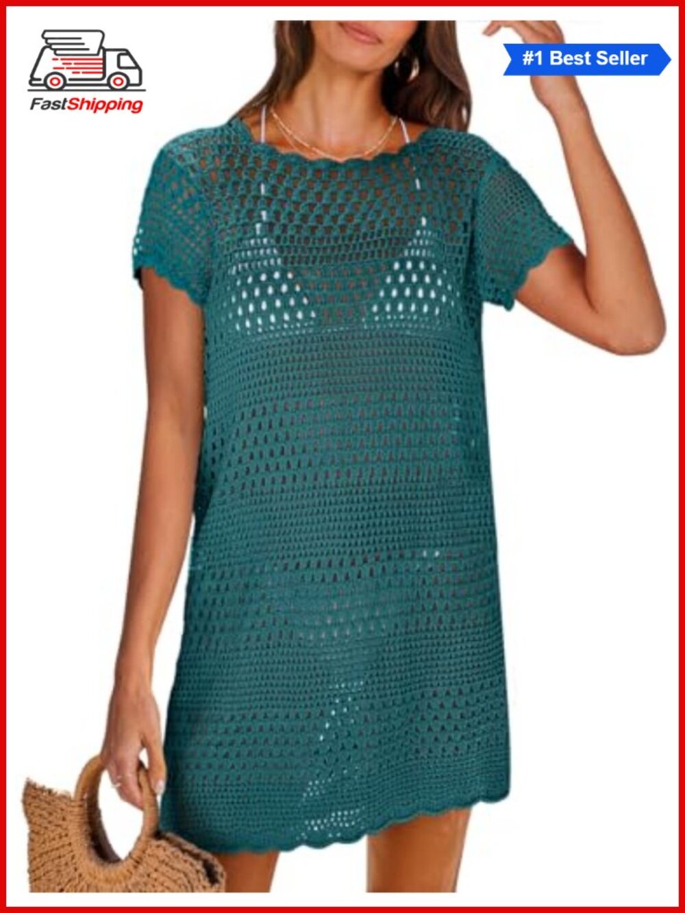 ✨ Womens Mesh Knit Crochet Hollow Out Swimsuit Cover Up Short Sleeve Beach Dress